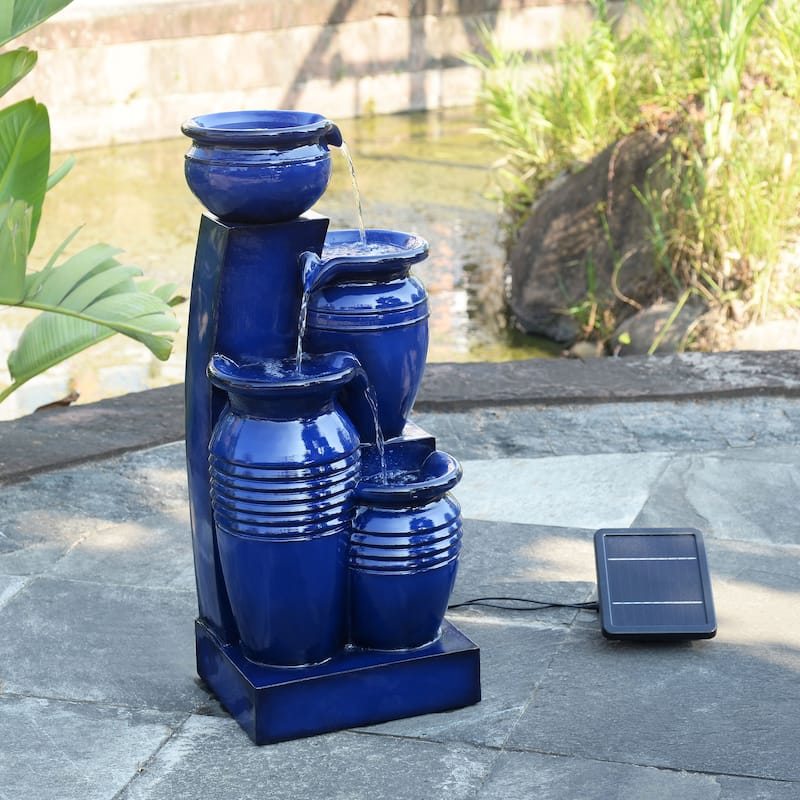 Teamson Home 28.74" 4-Tier Outdoor Fountain with LED Lights, Solar Powered, Weather-Resistant Faux Stone for Garden & Patio