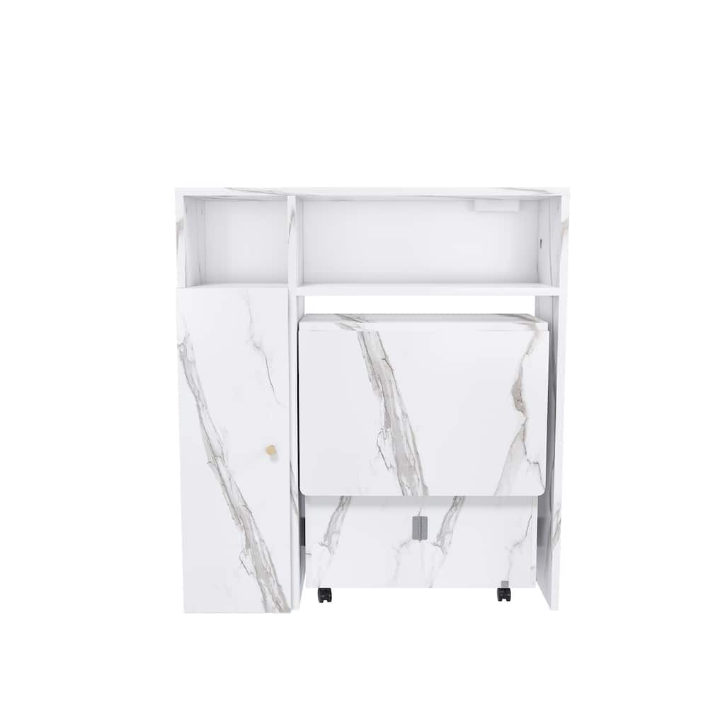 White Folding Dining Table with Adjustable Modes and Storage Cabinets USB AC Power Outlets - 37.4”L x 11.8”W x 43.3”H