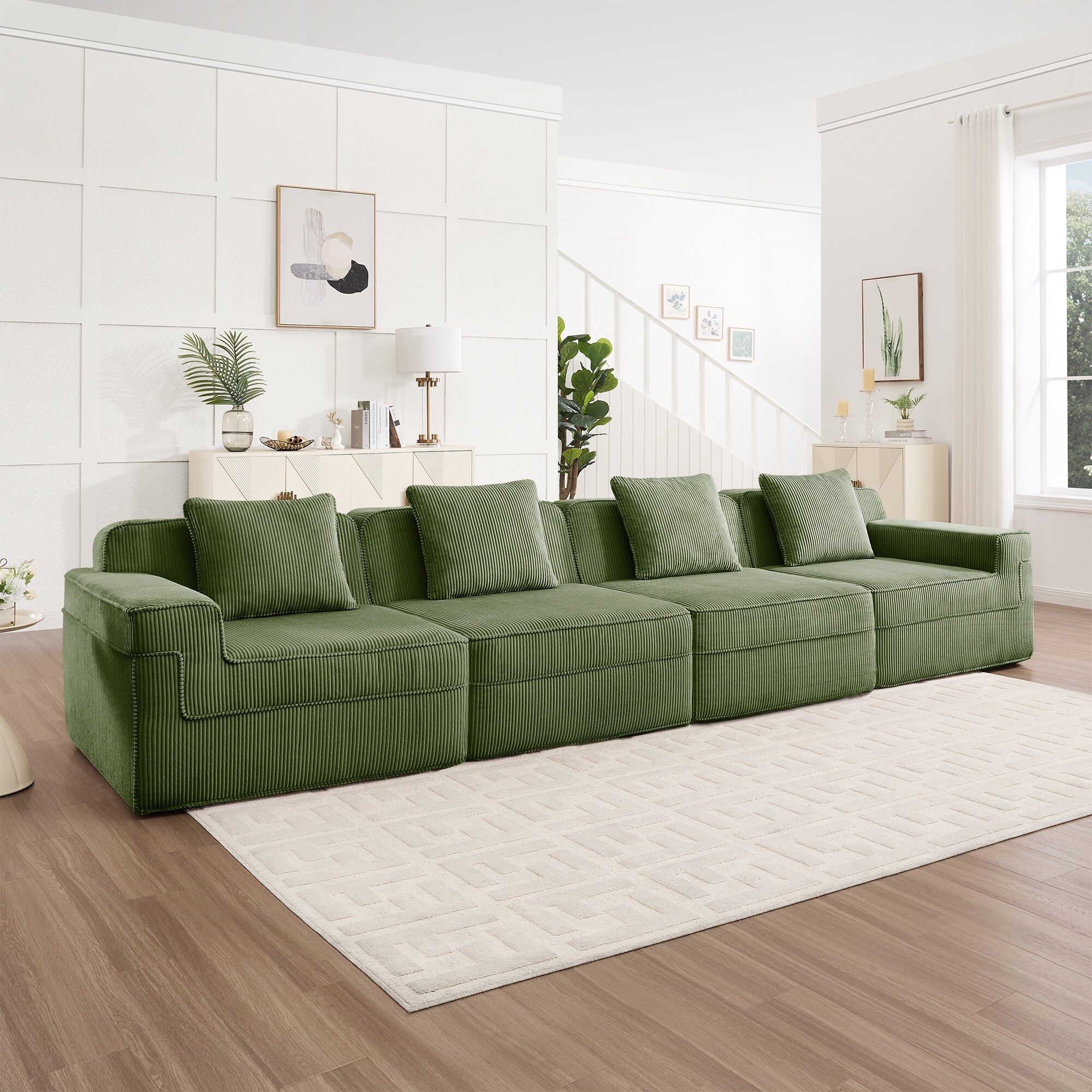 Deep Seat Modular Sectional Sofa Set with Throw Pillow Corduroy Boneless Sofa Floor Upholstered Cloud Couch, No Assembly