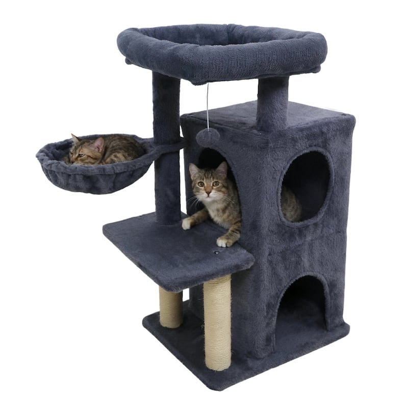 Gymax 33.5'' Cat Tree w/ 2-Tier Condo Padded Plush Top Perch Sisal - Deep Grey
