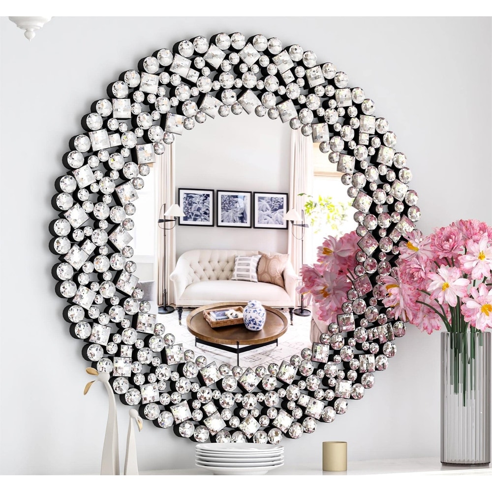 SHYFOY 34 Round Mirrors for Wall Decor,Oversize Jeweled Ornate Wall Mirror  Decorative Accent Mirror Chic and Sparkly for Living Room Bathroom Bedroom