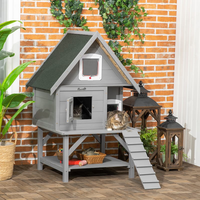 PawHut Wooden Cat House Outdoor with Escape Door, Weatherproof 3-Floor Cat Shelter for 1-2 Feral Cats
