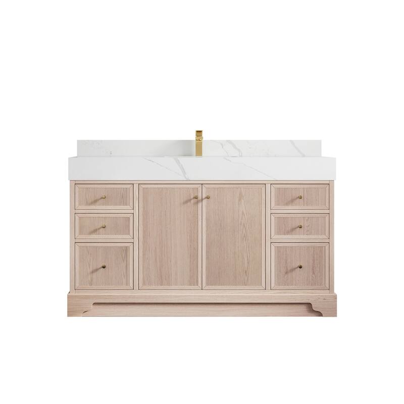 Willow Collections 60 in. W x 22 in. D Manhattan Oak Wood Single Sink Bathroom Vanity with Countertop - 2"Calacatta Laza - White Oak