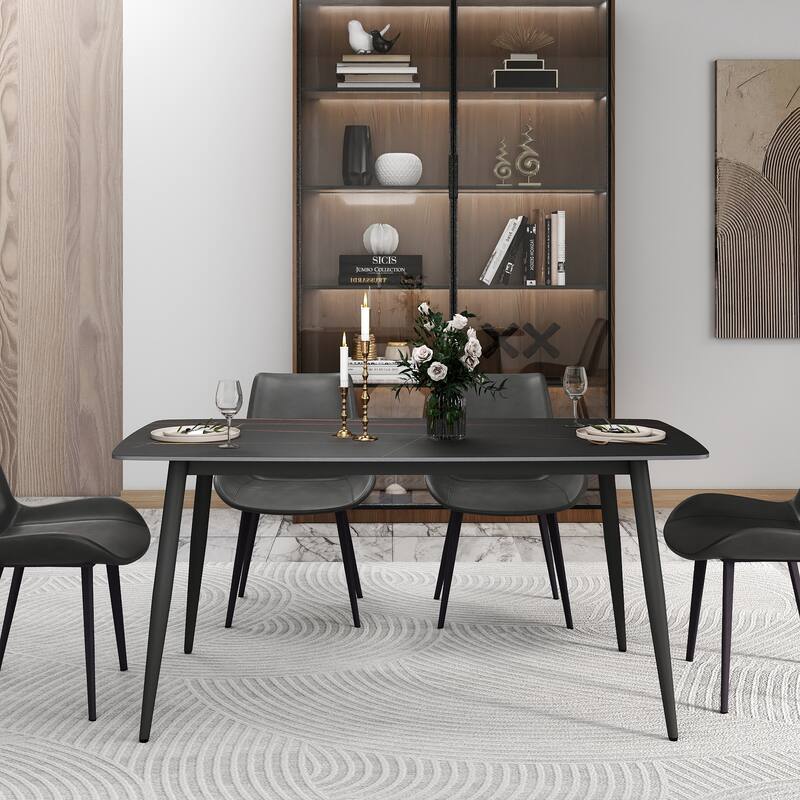 63" Rectangle Modern Sintered Stone Dining Table, Industrial Kitchen Table with Sturdy Black Metal Legs