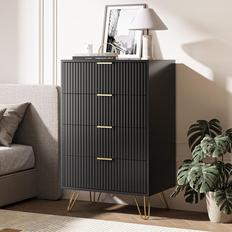 FURNIWAY Fluted Drawer Dresser for Bedroom - Black - 4-drawer