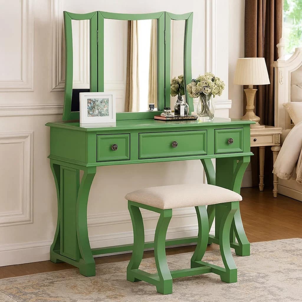 Modish Vanity Set Featuring Stool And Mirror Green