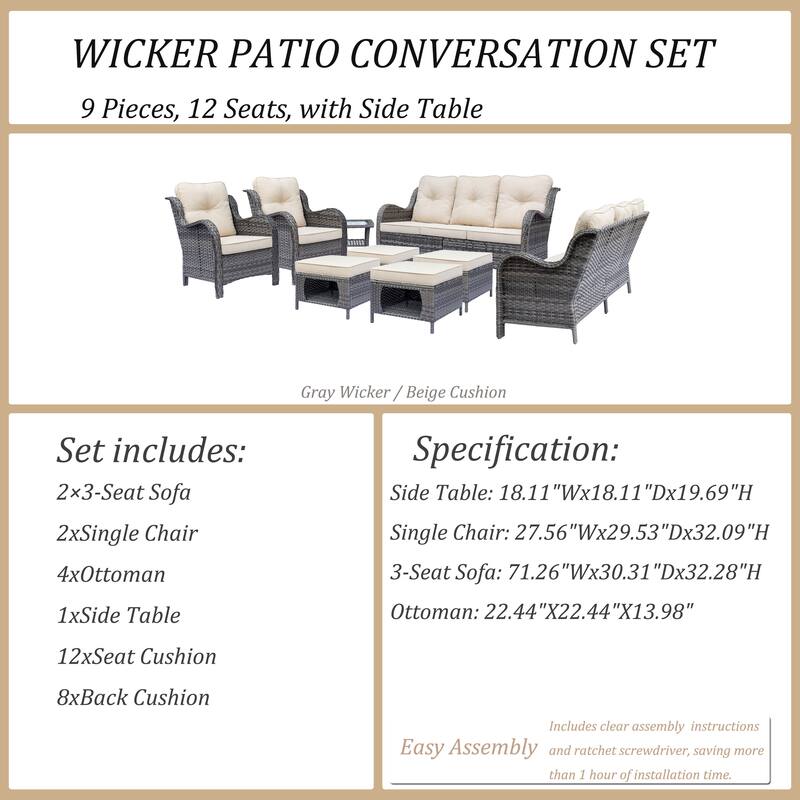 9 Piece Wicker Outdoor Patio Furniture Seating Sofa Conversation Sets