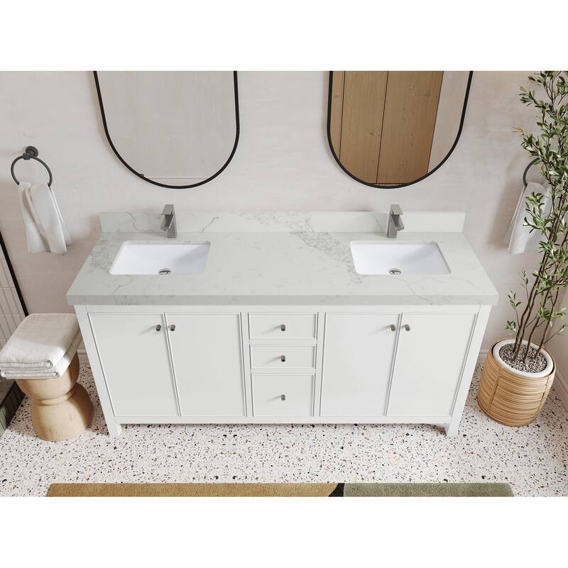 Willow Collections 72 in. W x 22 in. D Chicago Double Bowl Sink Bathroom Vanity with Countertop - 2” Calacatta Nuvo - White