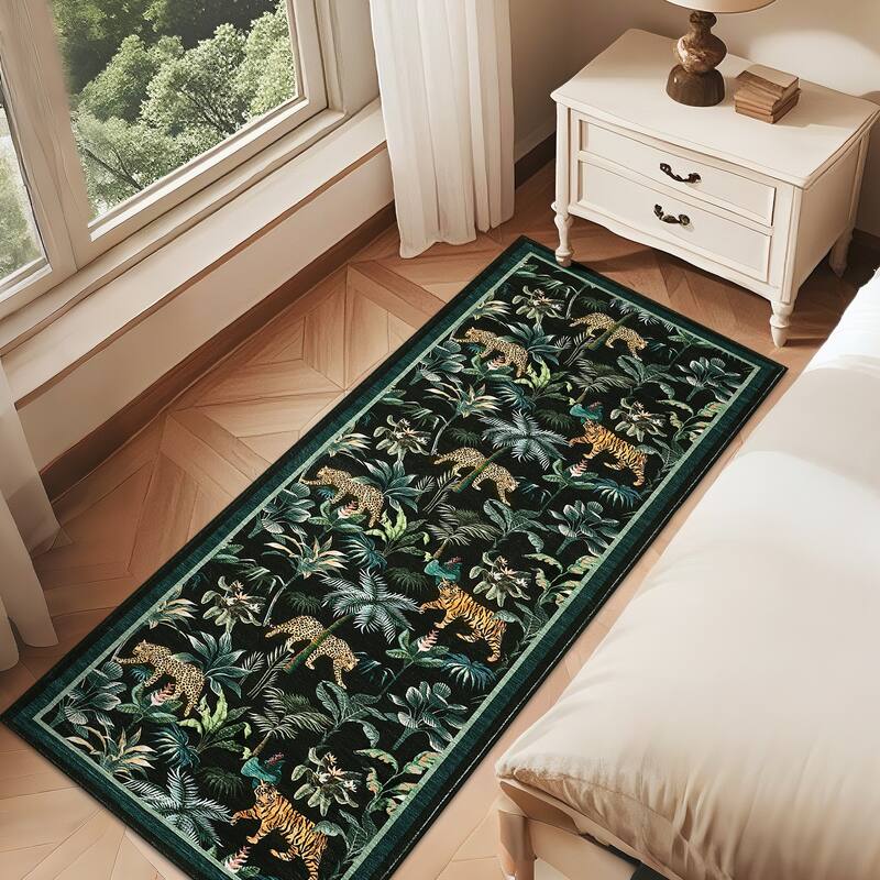 Living Room Rug Jungle Tiger Area Rug Plant Rugs Low Pile Non Shedding Soft Accent Carpet for Bedroom, Dining Room