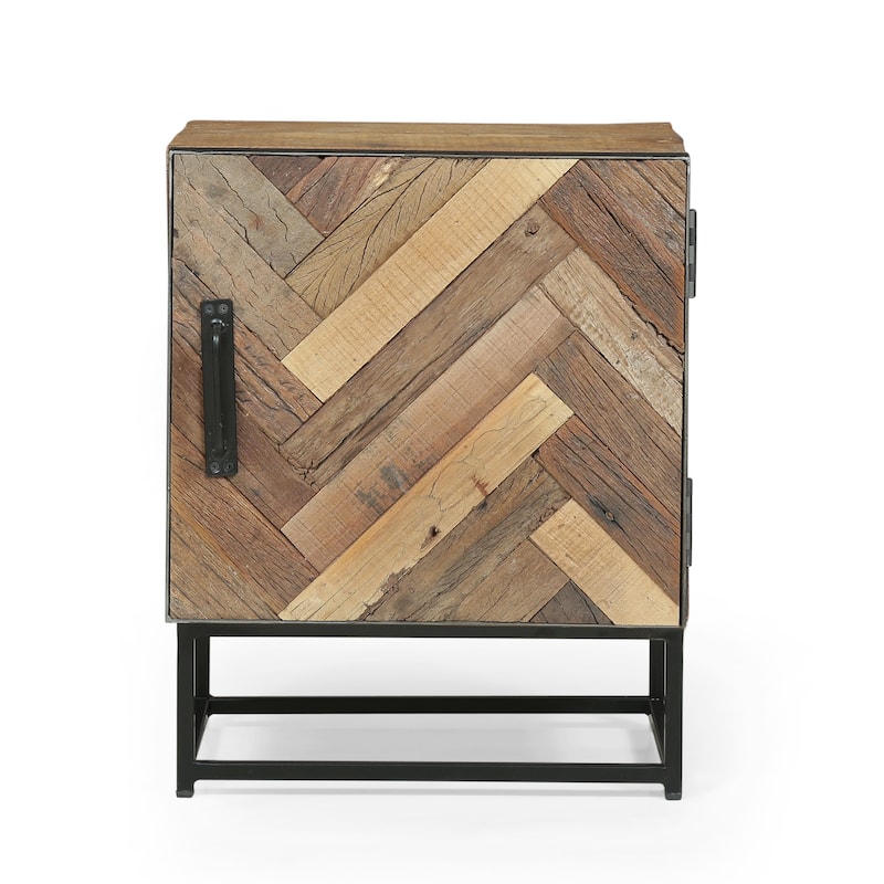 Roomfitters Rustic Bedside Table, Reclaimed Wood Nightstand with Chevron Door Design and Metal Base, Natural