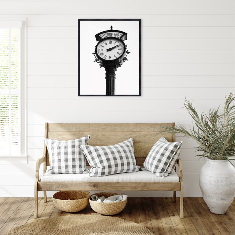 Vintage Street Clock with Marked Telluride Times by Del Mundo Imagery Framed Canvas Wall Art Print - Sylvie Beaded Black