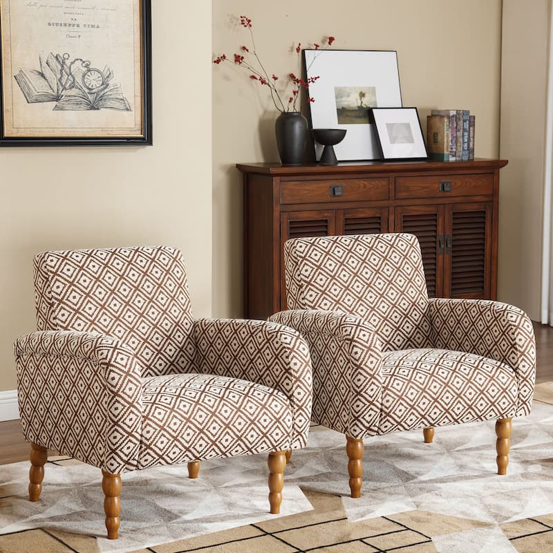 Fabric Armchair Accent Chair with Arms & Wood Legs - Set of 2 - Coffee Plaid