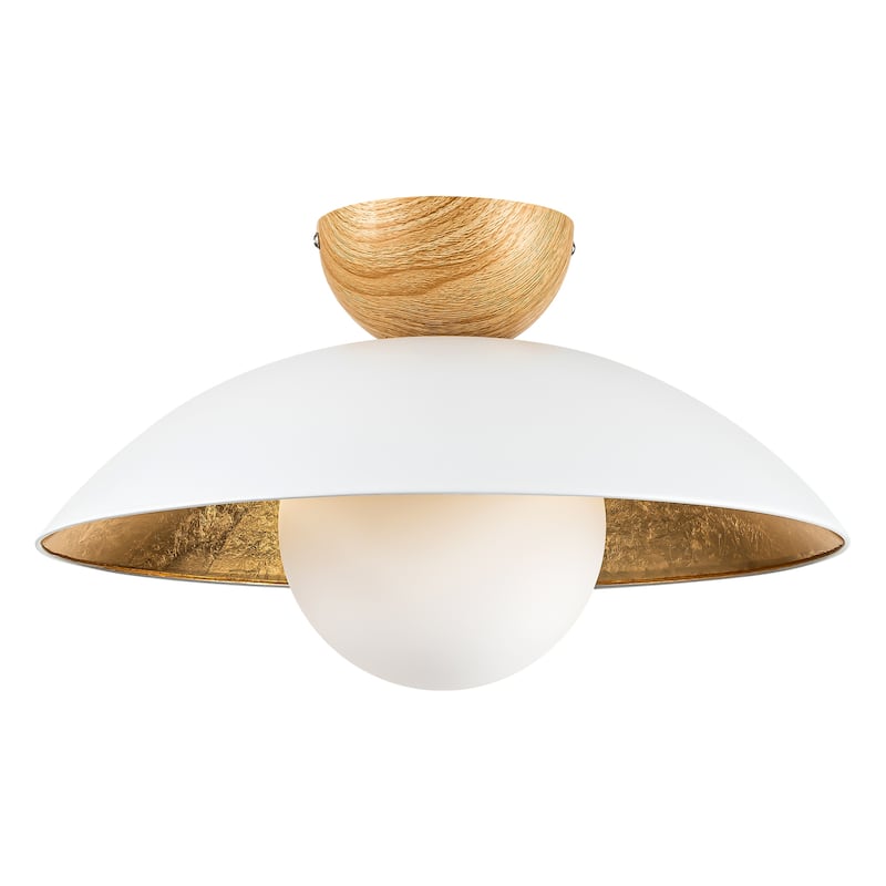1-Light Wood Dome Gold Leaf Bowl Shape Opal Bubble Globe Glass Semi-Flush Mount Light