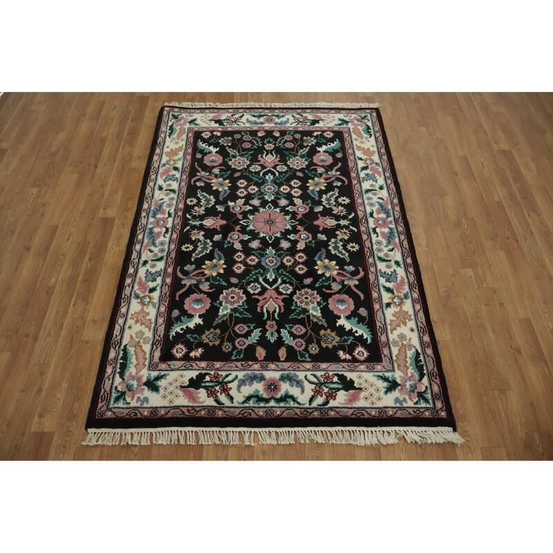 Hand Knotted Oriental 100% Wool Carpet Traditional All-Over Black Agra Area Rug - 6' 1'' X 4' 2''
