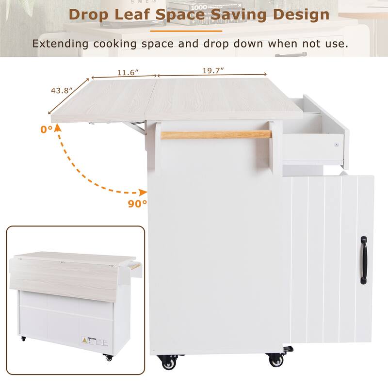 Kitchen Island with Trash Can Storage Cabinet,with Drop Leaf, Spice Rack, Towel Rack and Drawer, Rolling Kitchen Island on Wheel