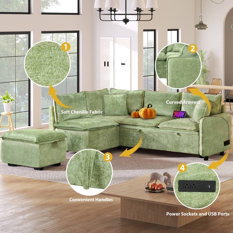 Convertible Sleeper Sofa Bed with Storage Ottoman, L-Shaped Sectional Sofa with 2 Pillows, 2 Power Sockets & 2 USB Ports
