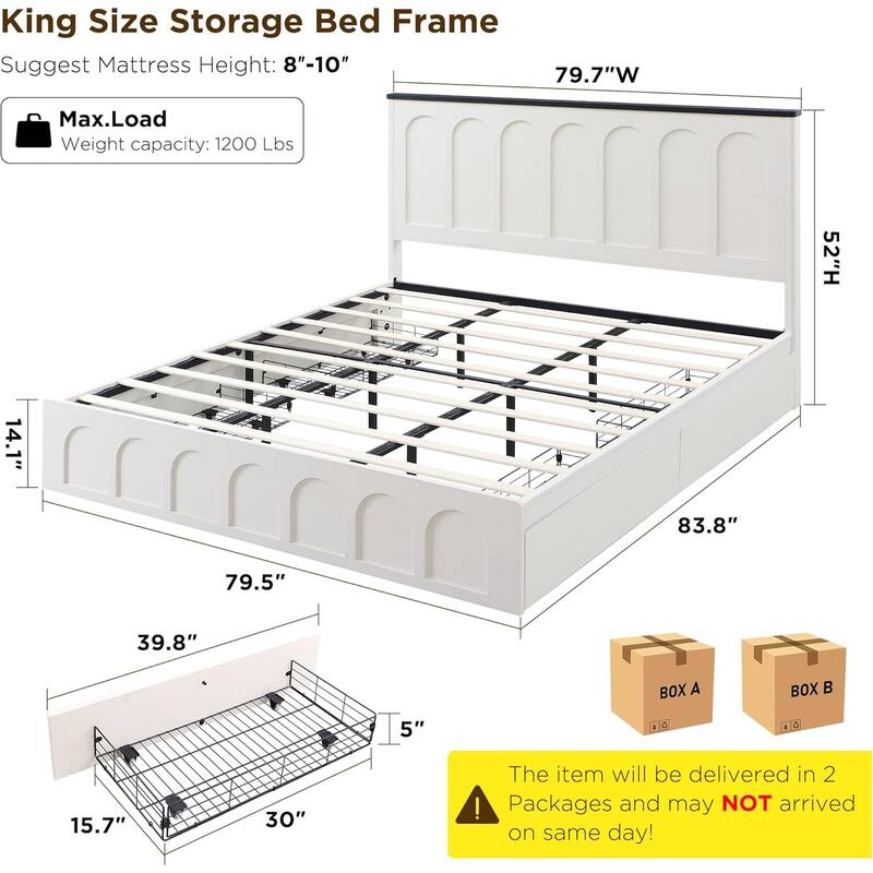 Modern King Size Bed Frame, 52" Tall Arched Recessed Headboard