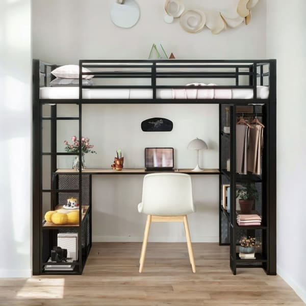 slide 2 of 11, 70"High Metal Full Size Loft Bed with MDF Shelves and Open Mesh Wardrobe Black