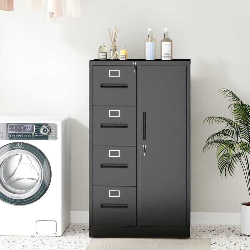 Metal Storage Vertical Filing Cabinet with Lock, Steel File Locker with 4 Drawers and 1 door for School, Living Room