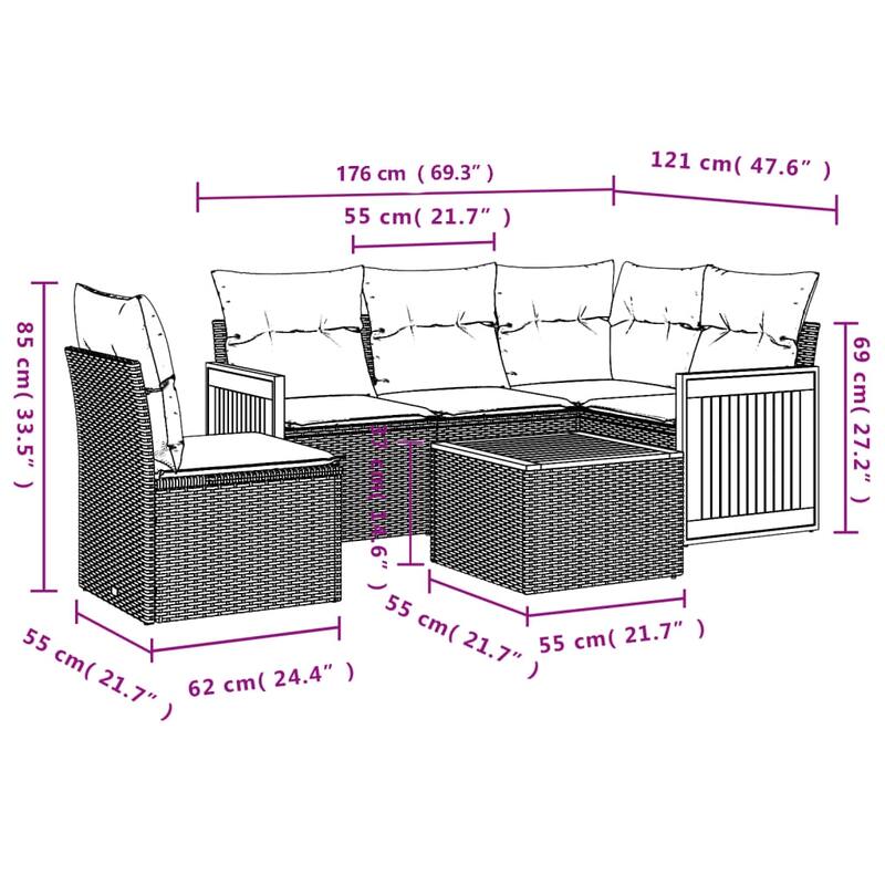vidaXL 6 Piece Patio Sofa Set with Cushions Gray Poly Rattan - 91.0x27.2x69.3