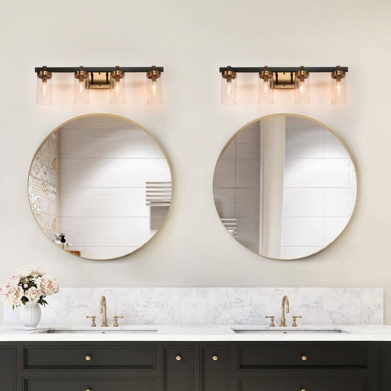 Yilia Modern Black Gold 4-Light Linear Bathroom Vanity Light Glass Wall Lighting - 28" L x 5" W x 8.5" H