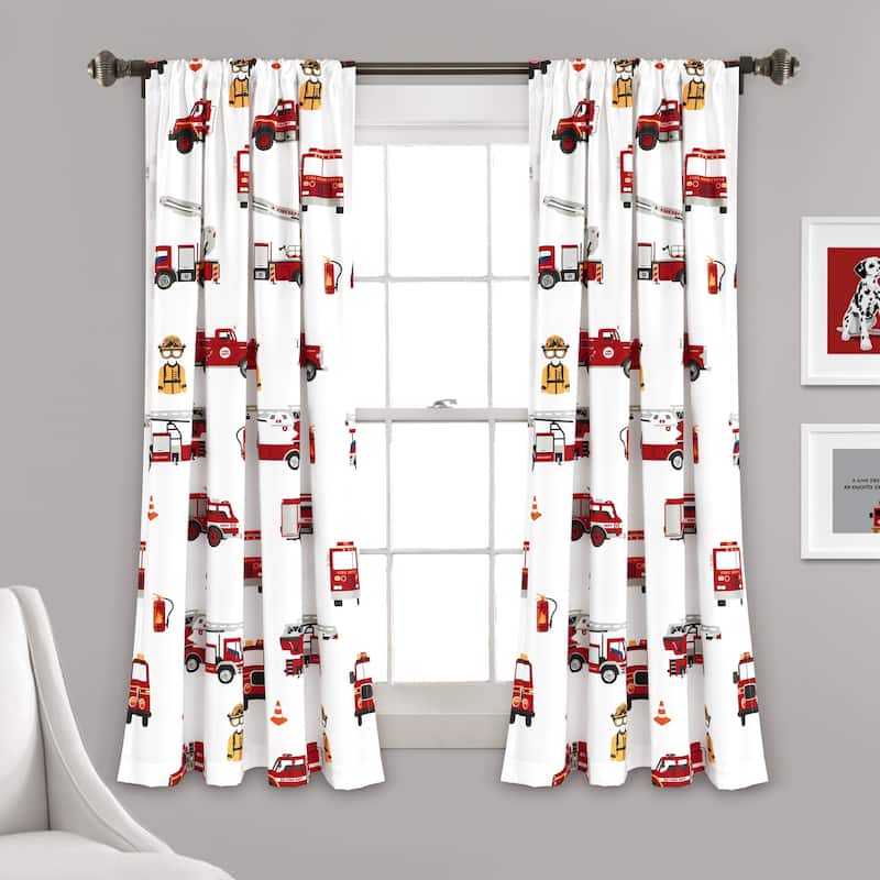 Lush Decor Fire Truck Window Curtain Panel Pair - 63 Inches - Red & White