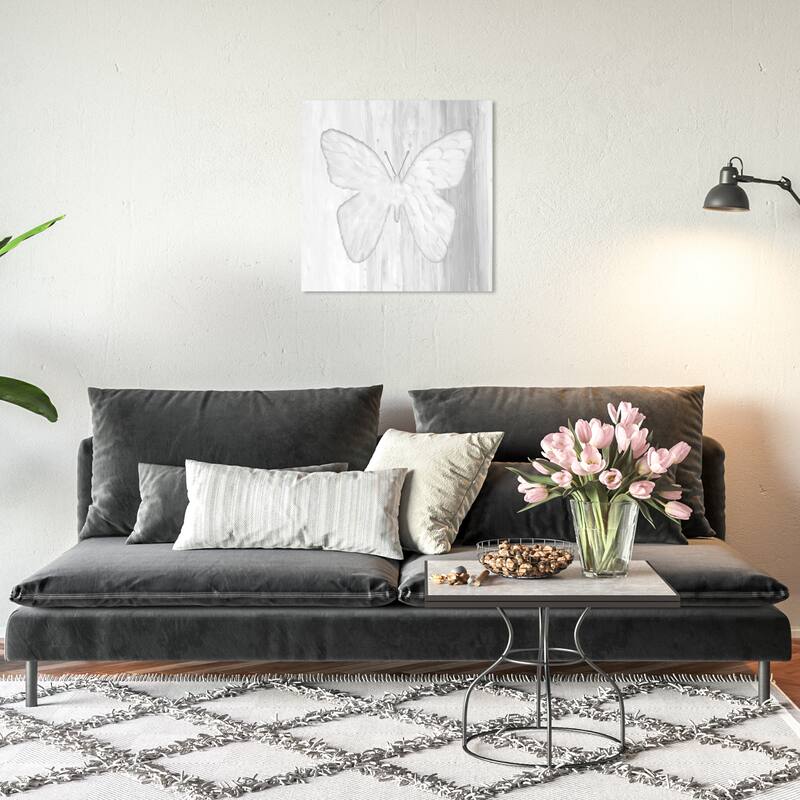 Wynwood Studio Canvas Fashion and Glam Butterfly and White Feathers White and Gray Modern & Contemporary Wall Art Canvas Print - 20 x 20