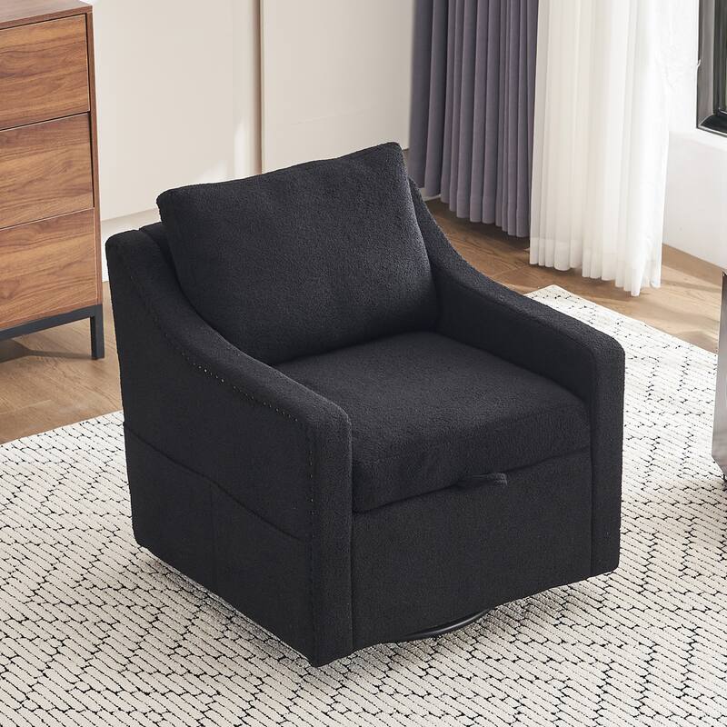 Teddy Upholstered Swivel Accent Chair, Single Sofa Chair with High Backrest, Lounge Armchair with Metal Base & Side Pocket
