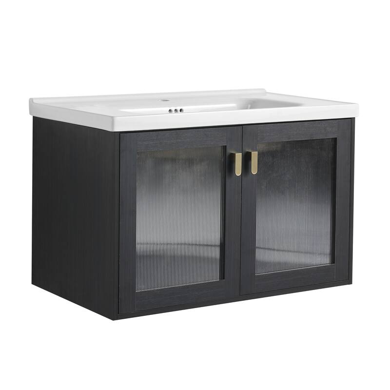 Wall-Mounted Bathroom Vanity with Ceramic Sink, Soft-Closing Doors, and Metal Handles, Black Chestnut Finish - 31.9in L Plywood