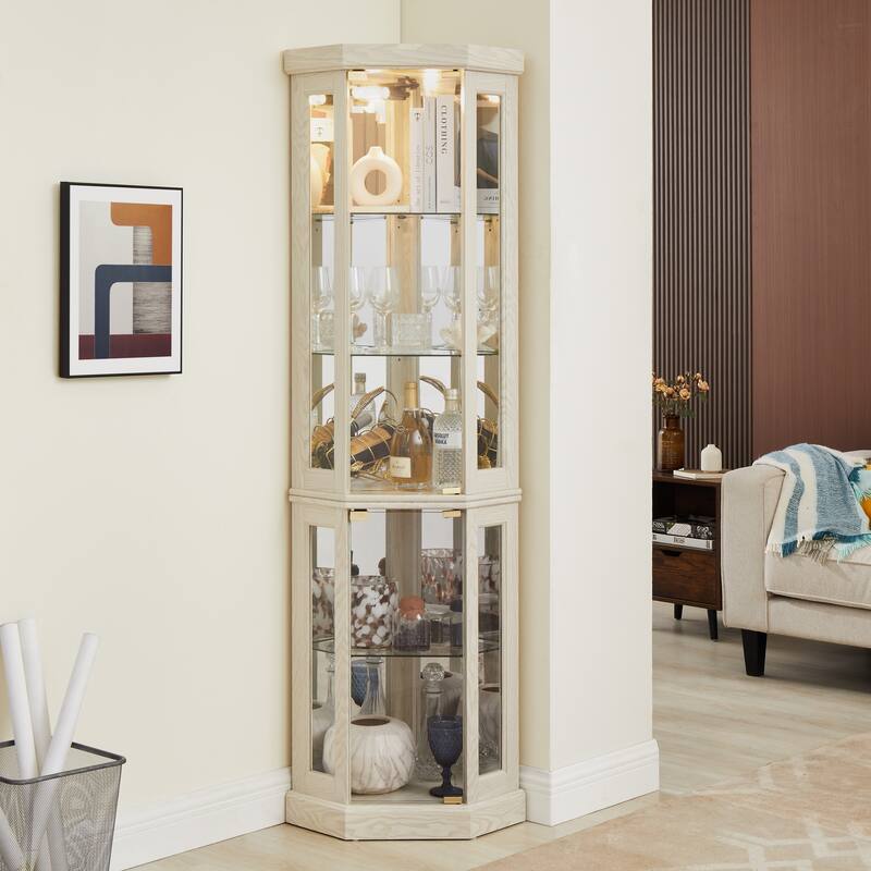 Roomfitters Lighted Corner Glass Display Cabinet, Corner Display Case for Living Room