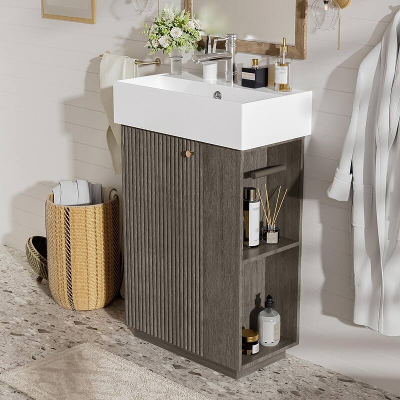 21.6" Bathroom Vanity with Ceramic Sink, Freestanding Modern Wood Grain Cabinet with Open & Closed Storage