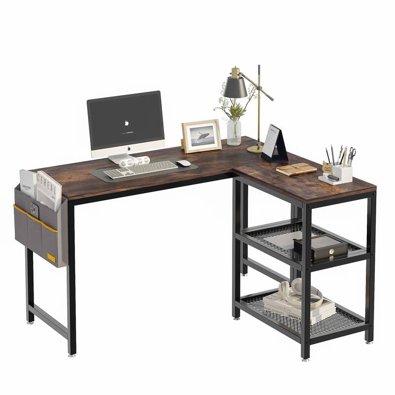 L Shaped Computer Desk with Reversible Side Storage Shelves, Small Corner Desk for Small Space Home Office,Writing Study Table