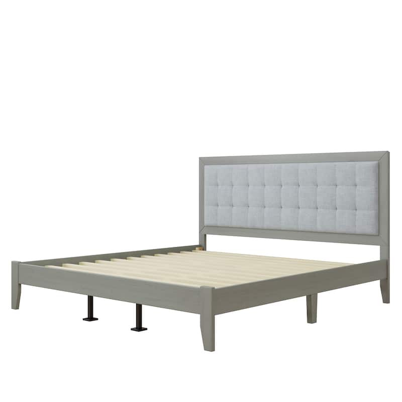 Solid Wood Platform King Bed with Upholstered Headboard, Mid-Century Modern Design