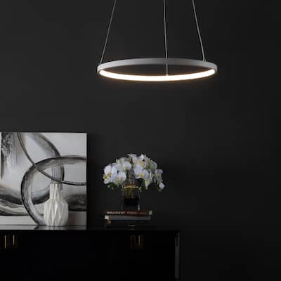 SAFAVIEH Lighting 74-inch Bremi Modern White Adjustable LED Pendant - 16.5" W x 16.5" L x 12-74" H