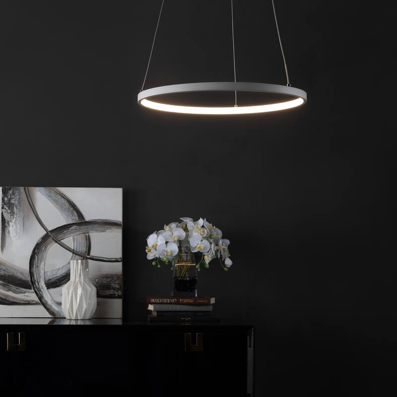 SAFAVIEH Lighting Anamarija 74-inch Modern White Adjustable LED Pendant - 16.5" W x 16.5" L x 12-74" H - 17Wx17Dx61H