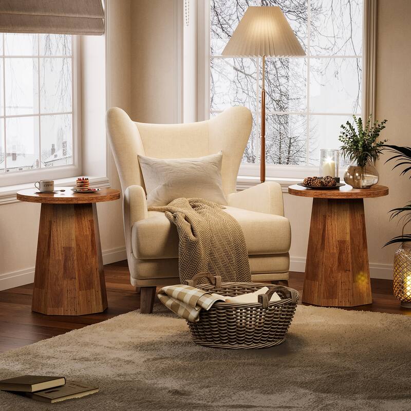 Farmhouse Round Pedestal End Table with Octagonal Base