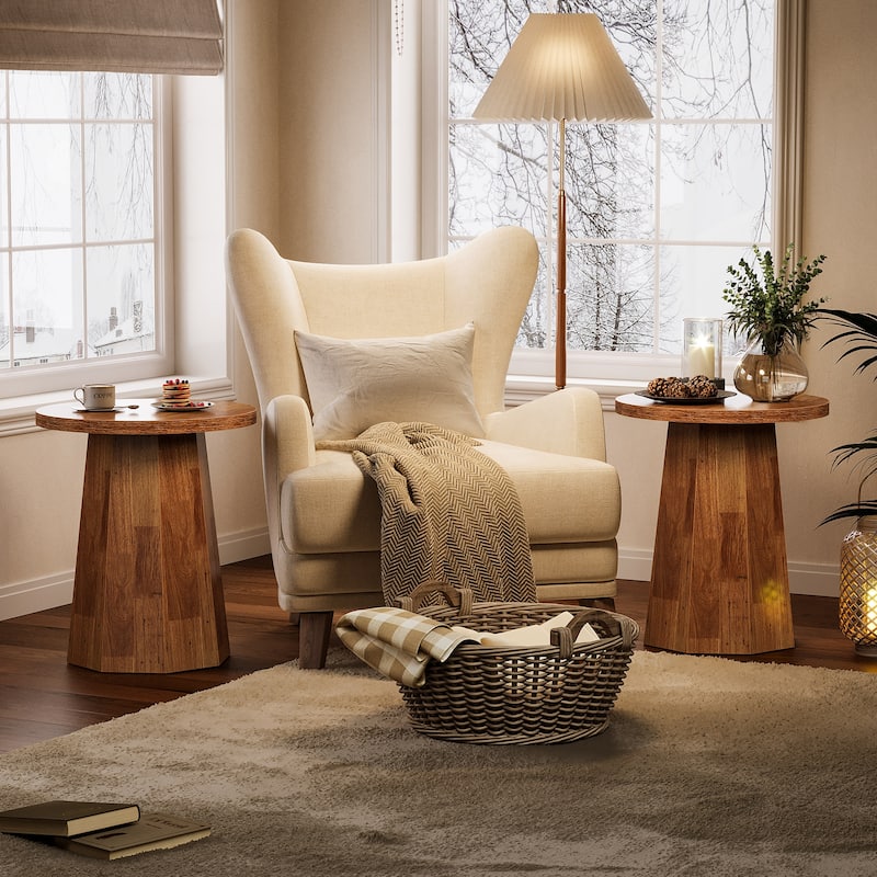 Round End Table, Wooden Couch Side Table, Nightstand Accent Furniture for Living Room, Bedroom