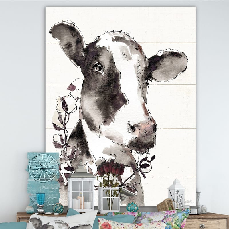 Designart "Cow Portrait Country Life" Wildlife Canvas Art - Grey
