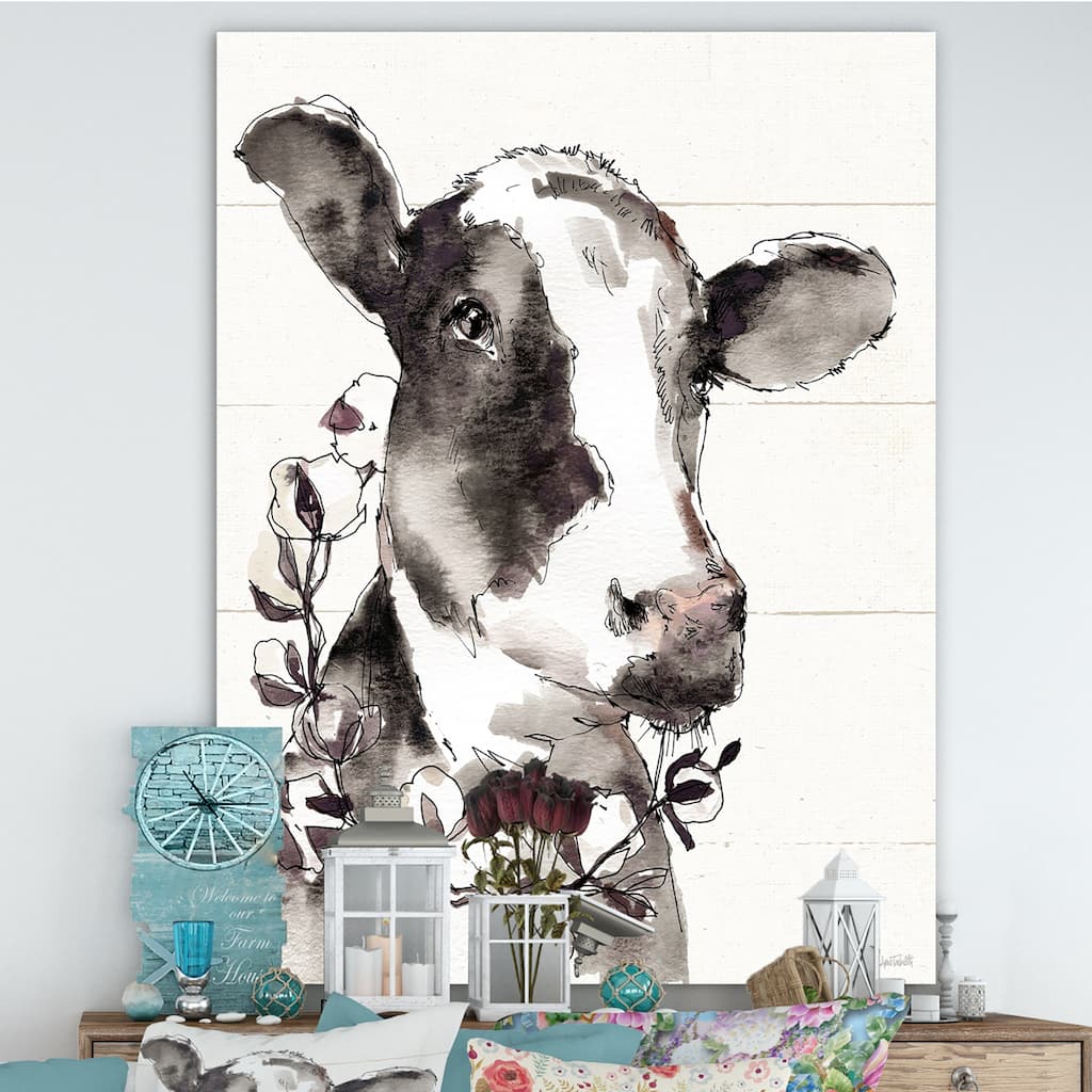 Designart "Cow Portrait Country Life" Wildlife Canvas Art - Grey
