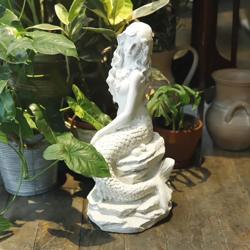 20"H Mermaid on Ocean Rock Garden Statue Resin Sculpture Large Mermaid Figurine Collectible Nautical Fairy Tale