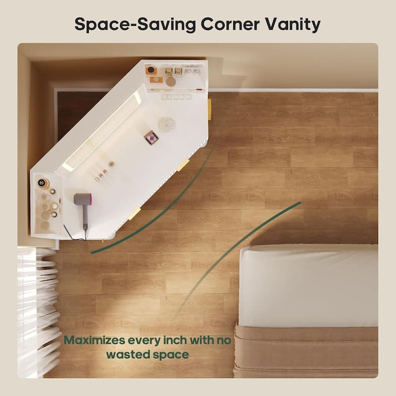 Corner Vanity Desk with Lighted Mirror Drawers Shelves Storage Stool