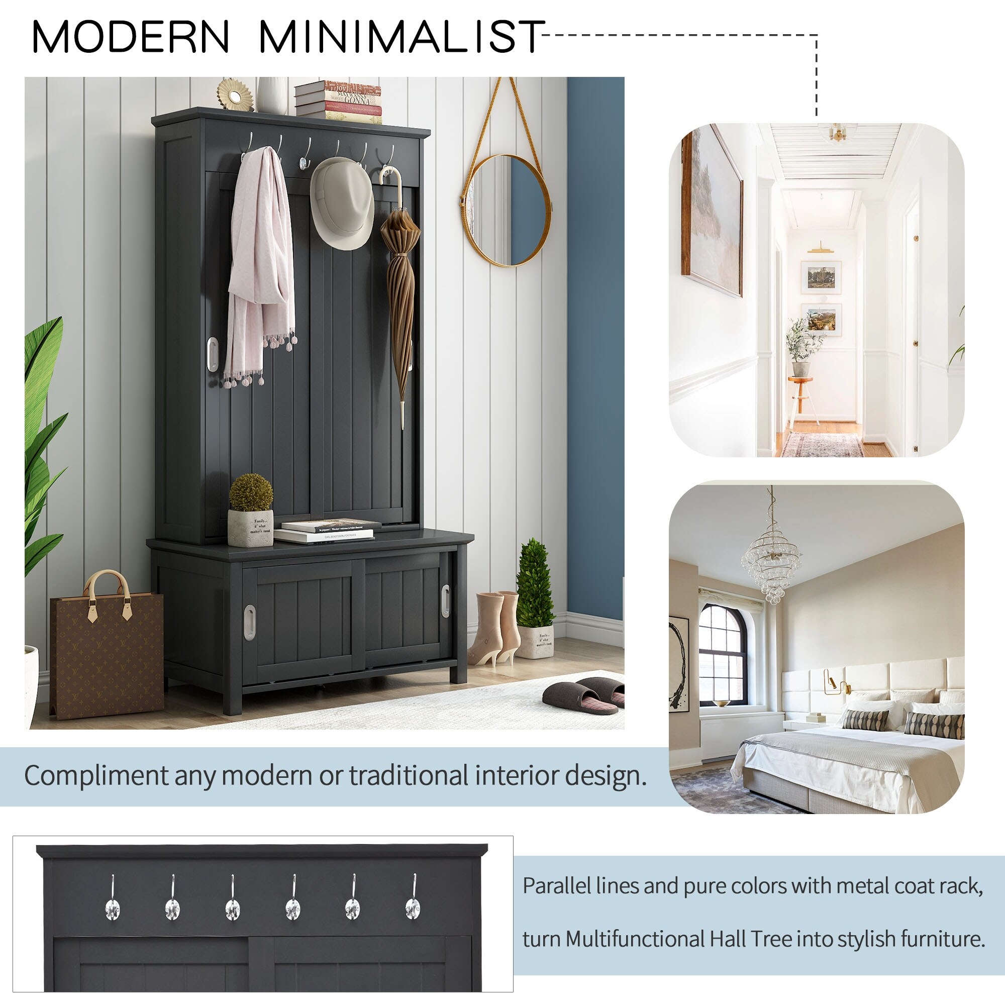 Entryway barn door hook rail with cabinet outlet