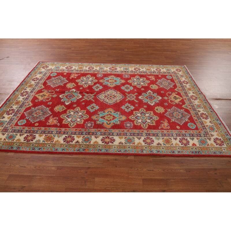Red Geometric Kazak Area Rug Handmade Traditional Wool Carpet - 5'6" x 7'9"
