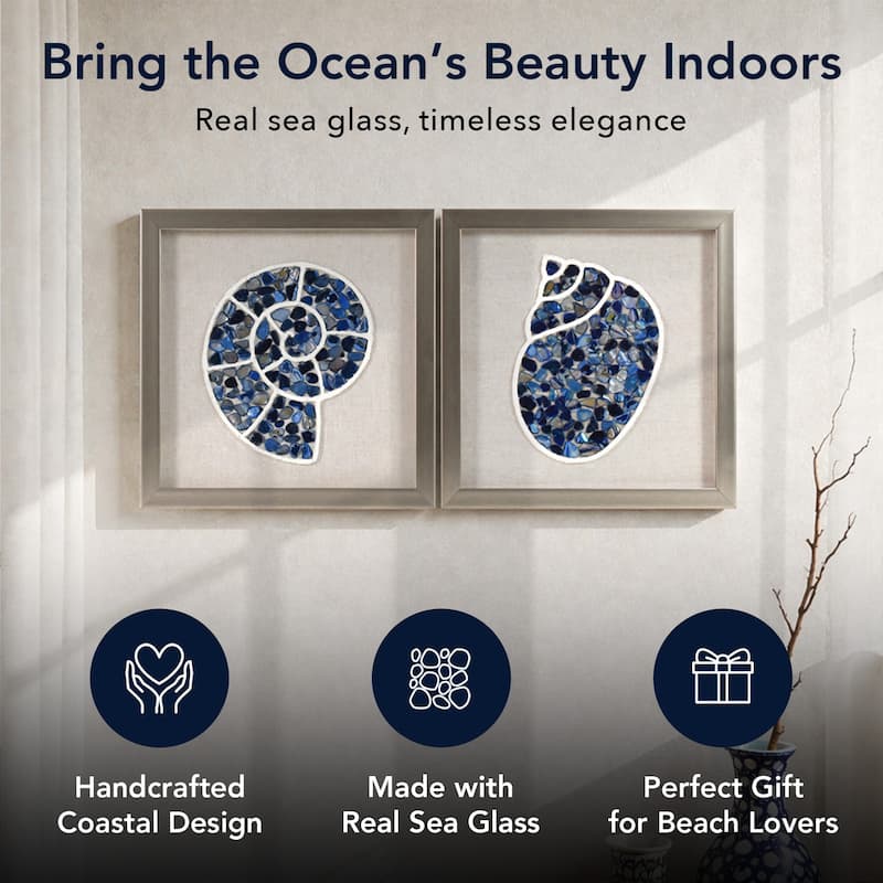 American Art Decor 2-Piece Coastal Seashell & Sea Glass Shadowbox Framed Wall Art Set