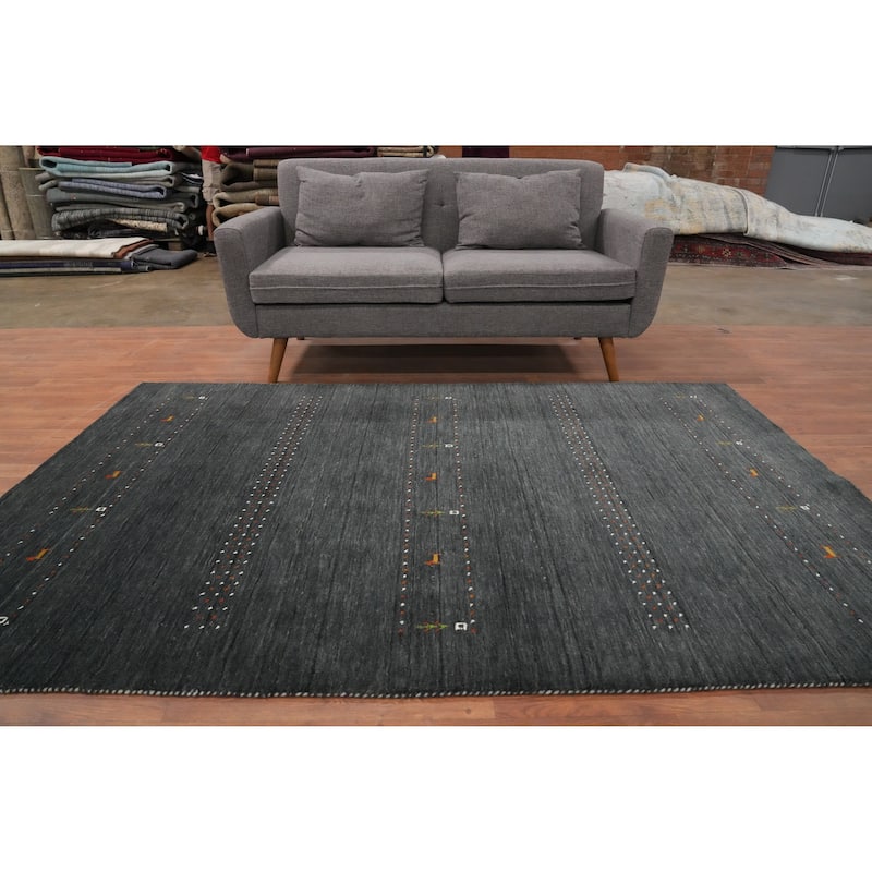 Hand Knotted Oriental 100% Wool Carpet Tribal Animal Pictorial Greys & Charcoal Gabbeh Area Rug - 7' 8'' X 5' 0''