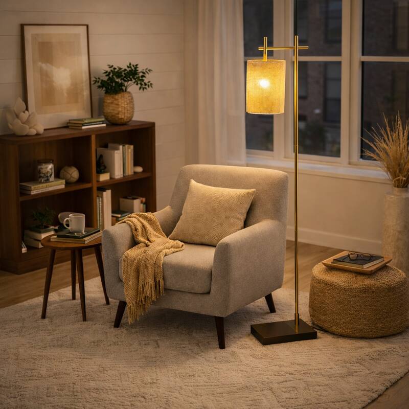 Gattie Brass Floor Lamp with Rattan Shade and Rectangular Base