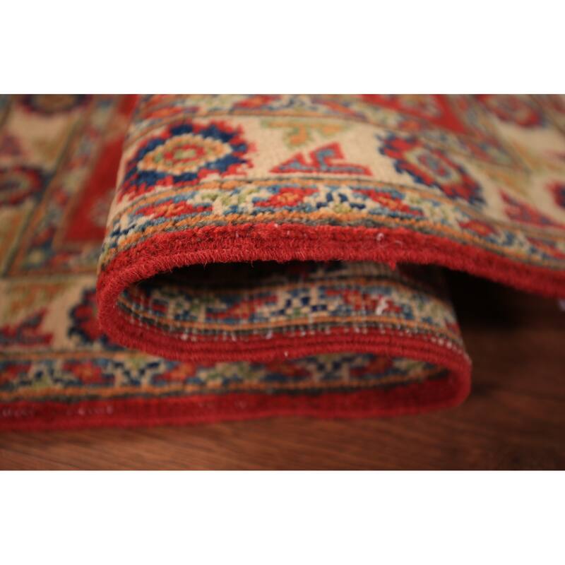 Geometric Red Kazak Foyer Rug Hand-Knotted Traditional Wool Carpet - 2'0" x 3'0"