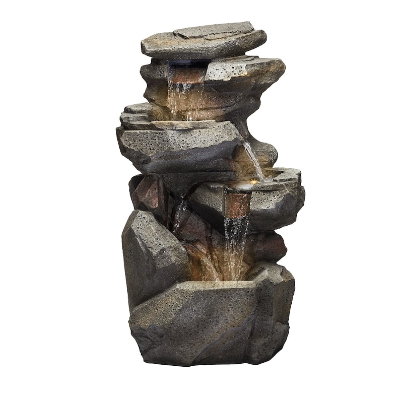 Alpine Corporation 40" Light Gray Outdoor 4 Tier Rock Water Fountain with LED Lights - Floor - Resin