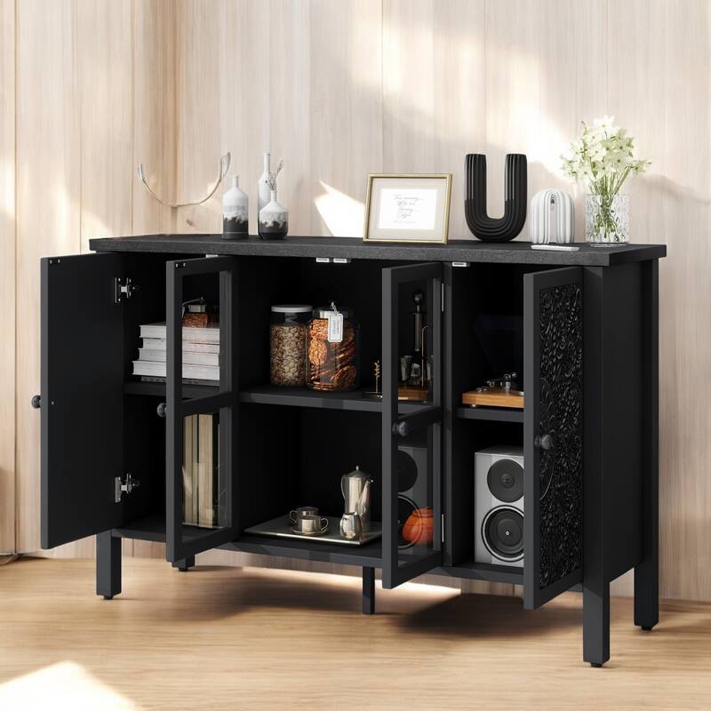 47.2" Retro TV Stand for TVs up to 43 Inches, Media Console with Glass Cabinet Doors, 3 Spacious Cabinets, Adjustable Shelves