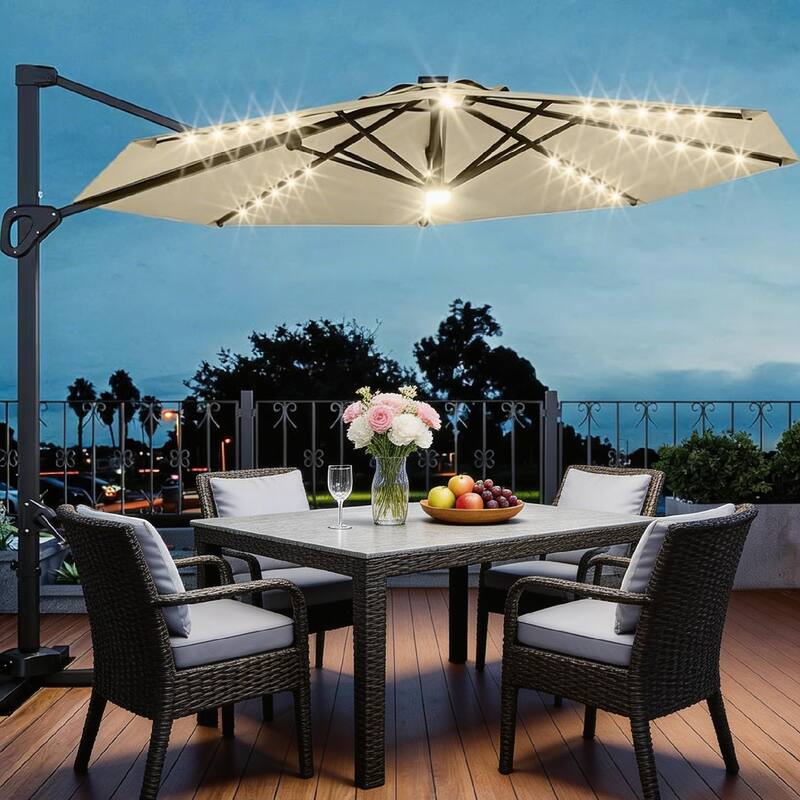 10FT Outdoor Cantilever Umbrella, 360-Degree Rotation, with LED - Beige